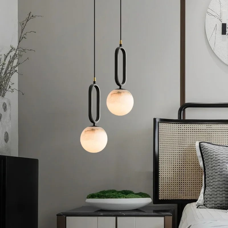 Natural Marble Globe Pendant Light with Black Loop Frame for Bedside Lighting
