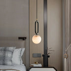 Natural Marble Globe Pendant Light with Black Loop Frame for Bedside Lighting