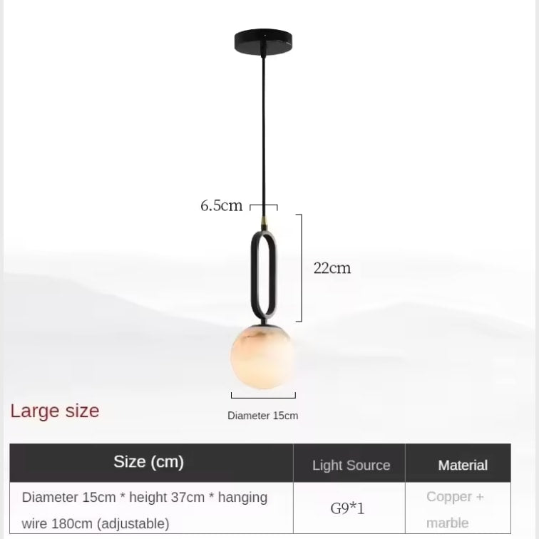 Natural Marble Globe Pendant Light with Black Loop Frame for Bedside Lighting