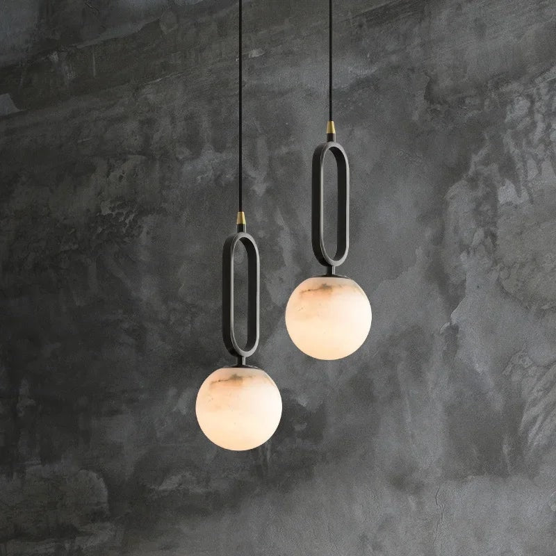 Natural Marble Globe Pendant Light with Black Loop Frame for Bedside Lighting