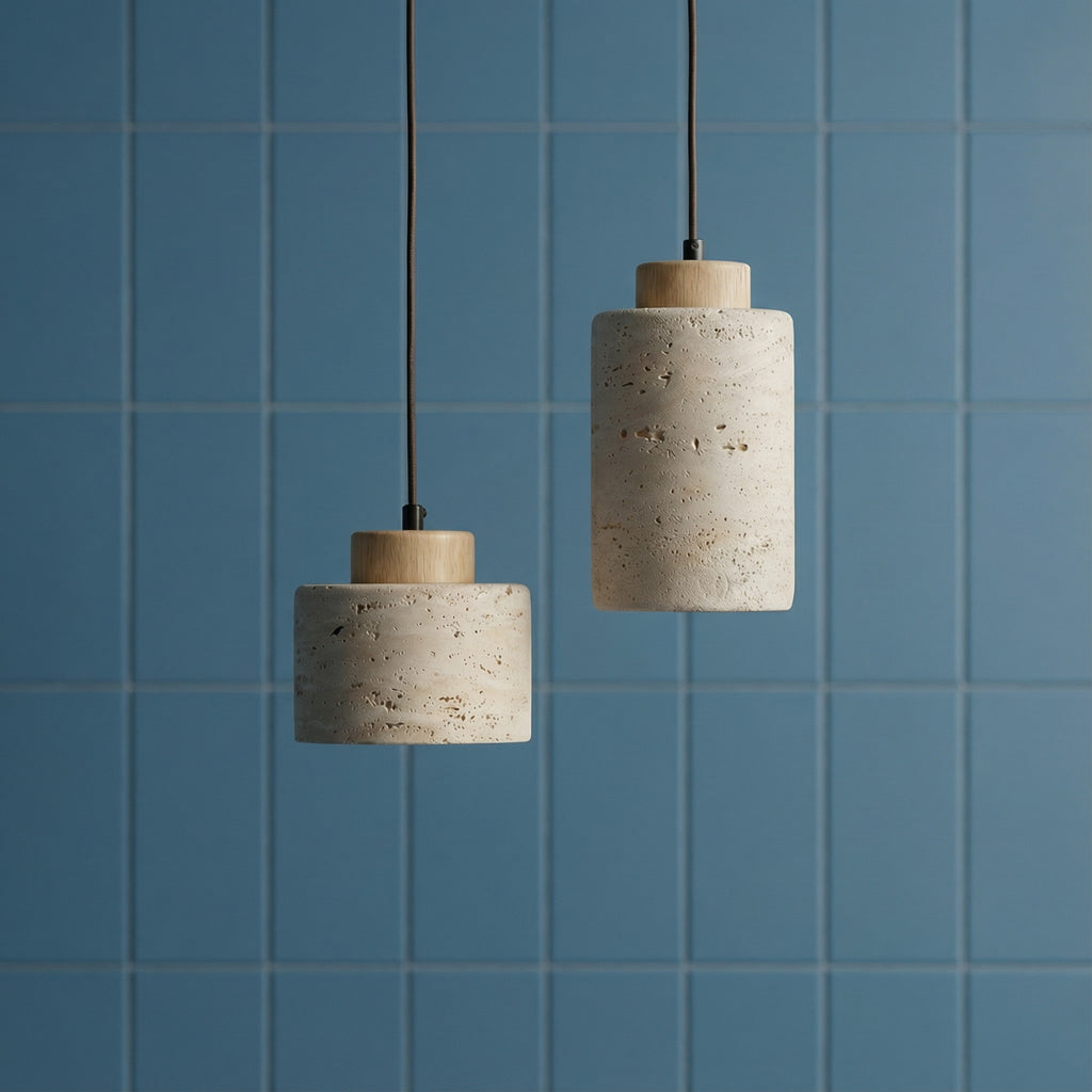 Natural Stone Pendant Light with Wooden Cap | Minimalist Cylinder Pendant