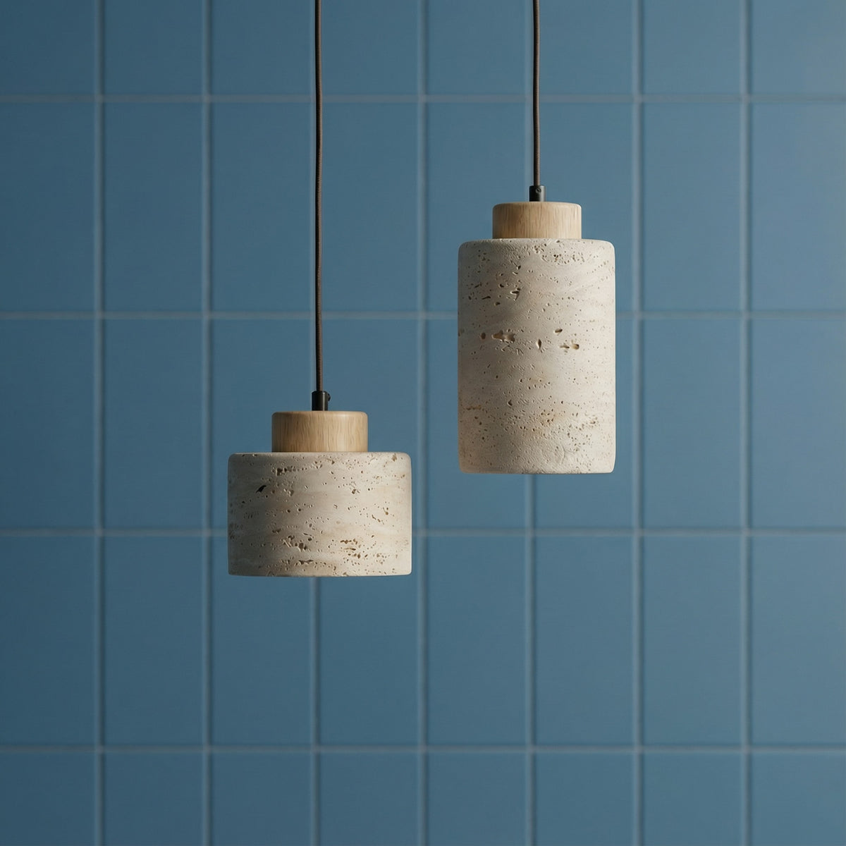 Natural Stone Pendant Light with Wooden Cap | Minimalist Cylinder Pendant