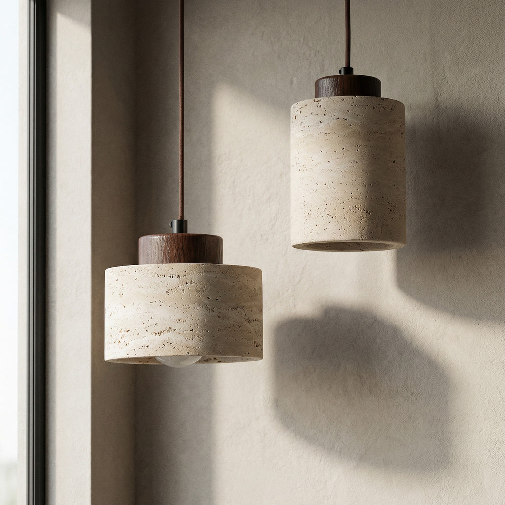 Natural Stone Pendant Light with Wooden Cap | Minimalist Cylinder Pendant