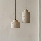 Natural Stone Pendant Light with Wooden Cap | Minimalist Cylinder Pendant
