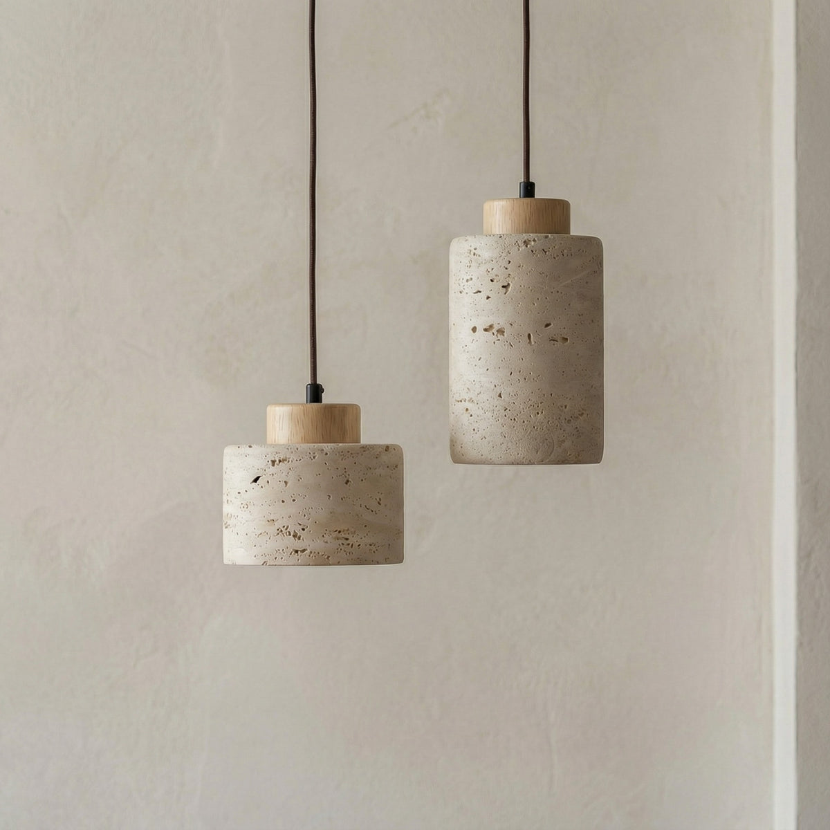 Natural Stone Pendant Light with Wooden Cap | Minimalist Cylinder Pendant