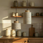 Natural Stone Pendant Light with Wooden Cap | Minimalist Cylinder Pendant