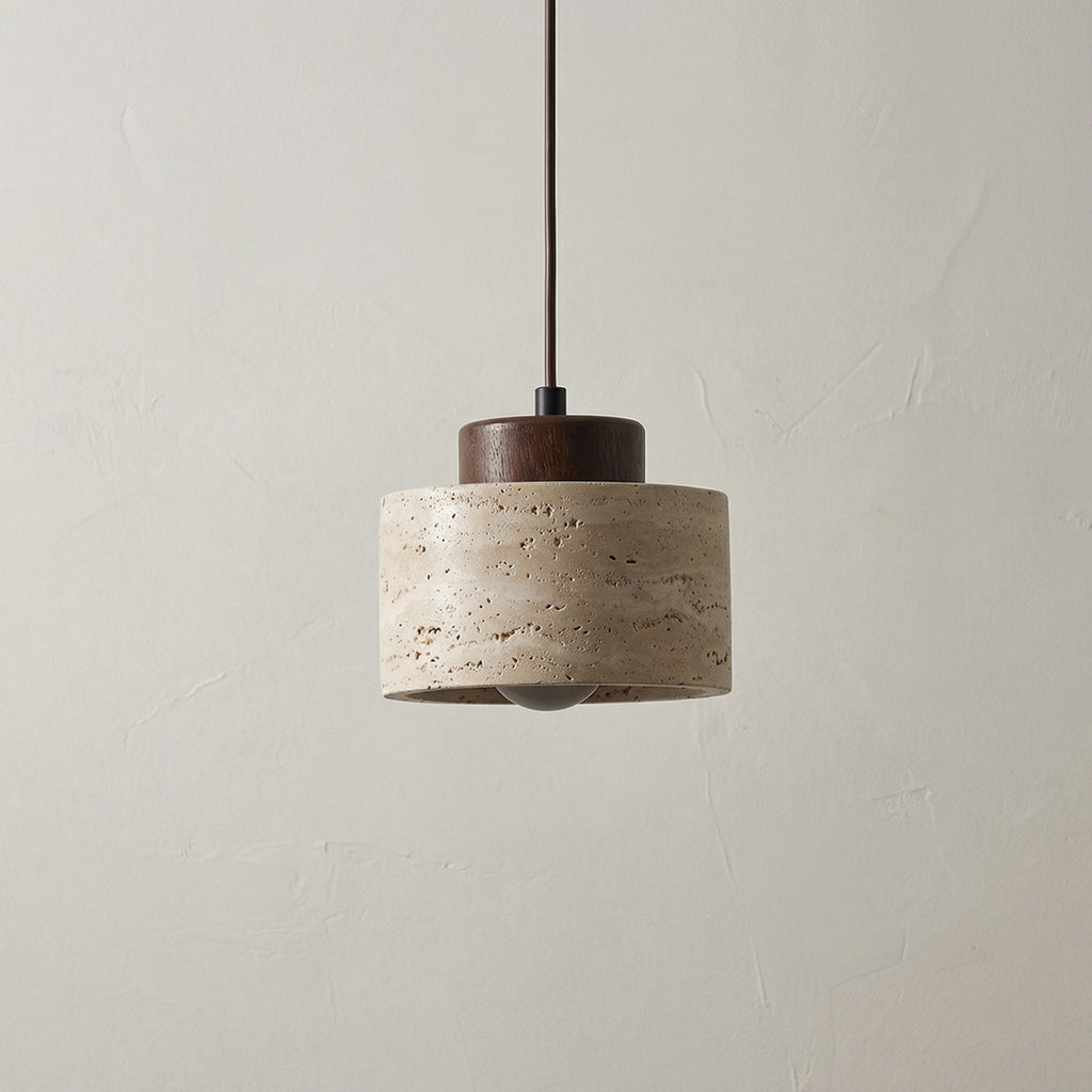Natural Stone Pendant Light with Wooden Cap | Minimalist Cylinder Pendant
