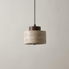 Natural Stone Pendant Light with Wooden Cap | Minimalist Cylinder Pendant