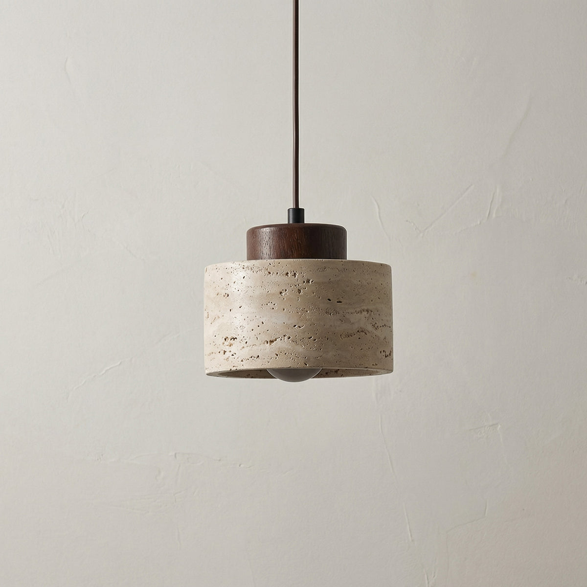 Natural Stone Pendant Light with Wooden Cap | Minimalist Cylinder Pendant