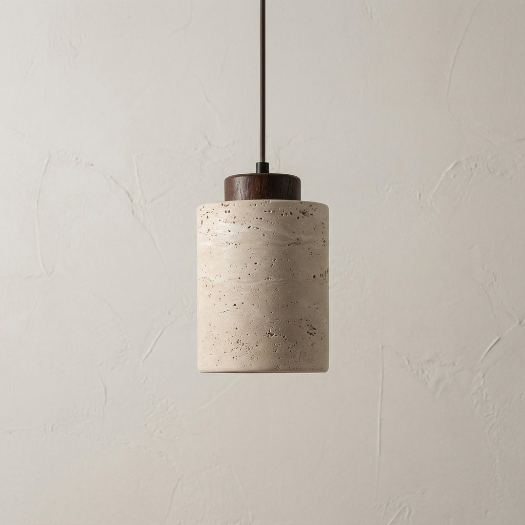 Natural Stone Pendant Light with Wooden Cap | Minimalist Cylinder Pendant
