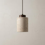 Natural Stone Pendant Light with Wooden Cap | Minimalist Cylinder Pendant