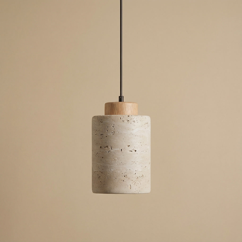 Natural Stone Pendant Light with Wooden Cap | Minimalist Cylinder Pendant