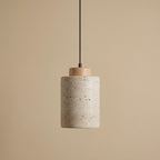 Natural Stone Pendant Light with Wooden Cap | Minimalist Cylinder Pendant