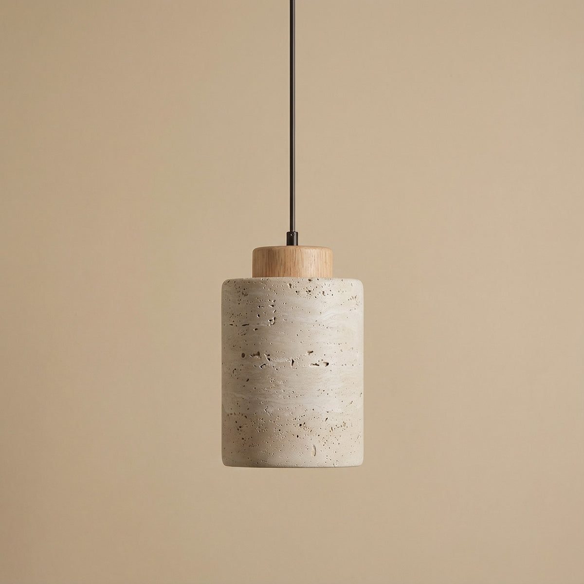 Natural Stone Pendant Light with Wooden Cap | Minimalist Cylinder Pendant