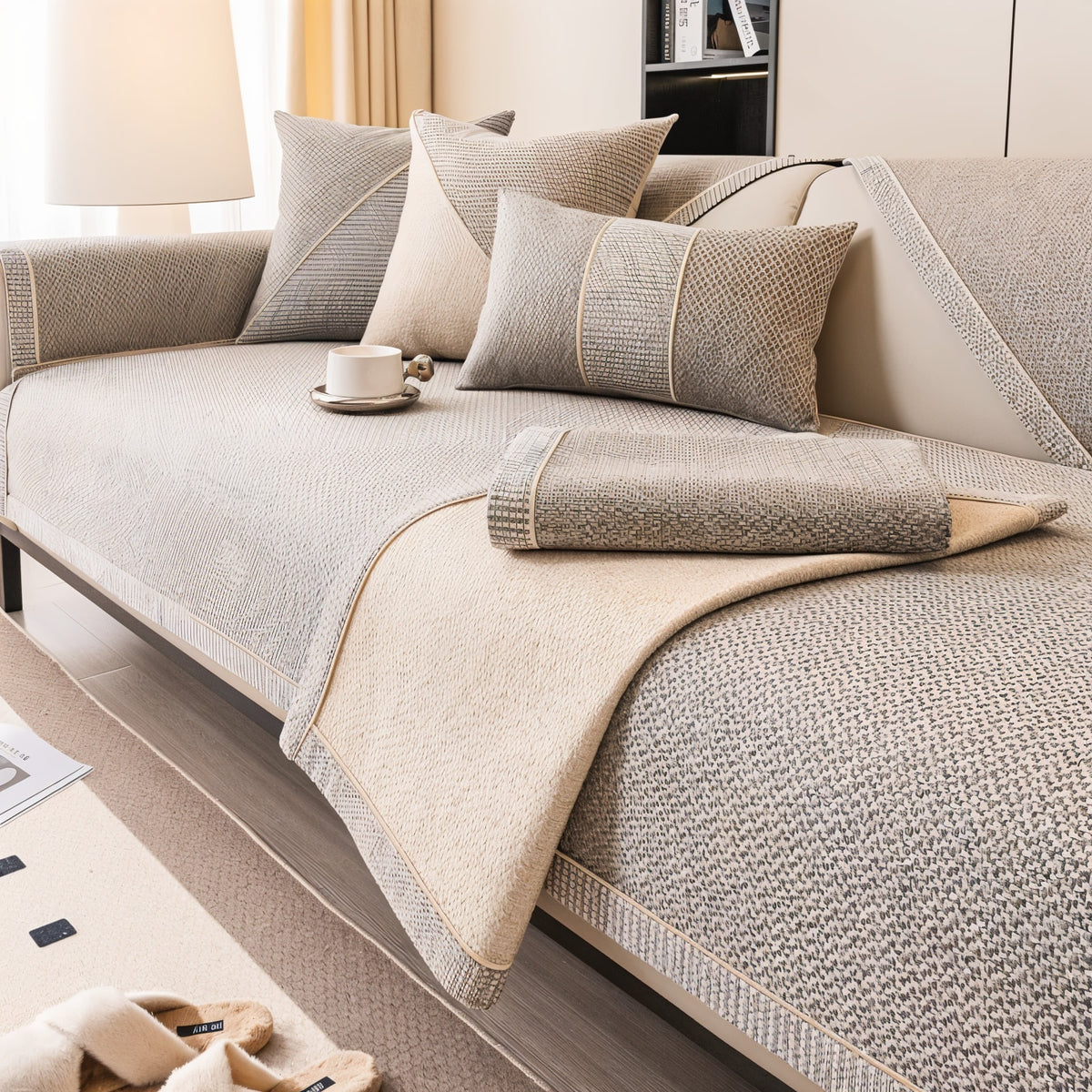 Non Slip Sofa Cover with Woven Linen Look Texture | Washable Couch Protector
