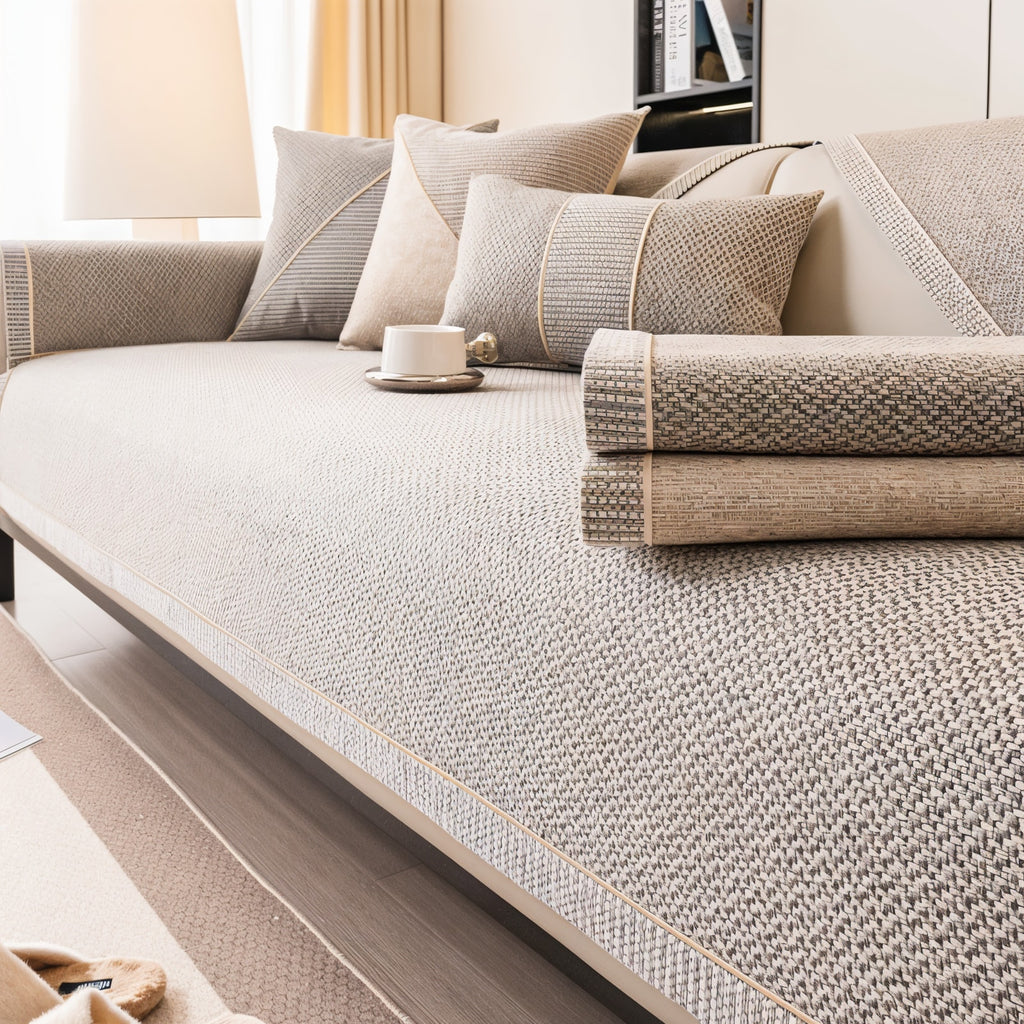 Non Slip Sofa Cover with Woven Linen Look Texture | Washable Couch Protector