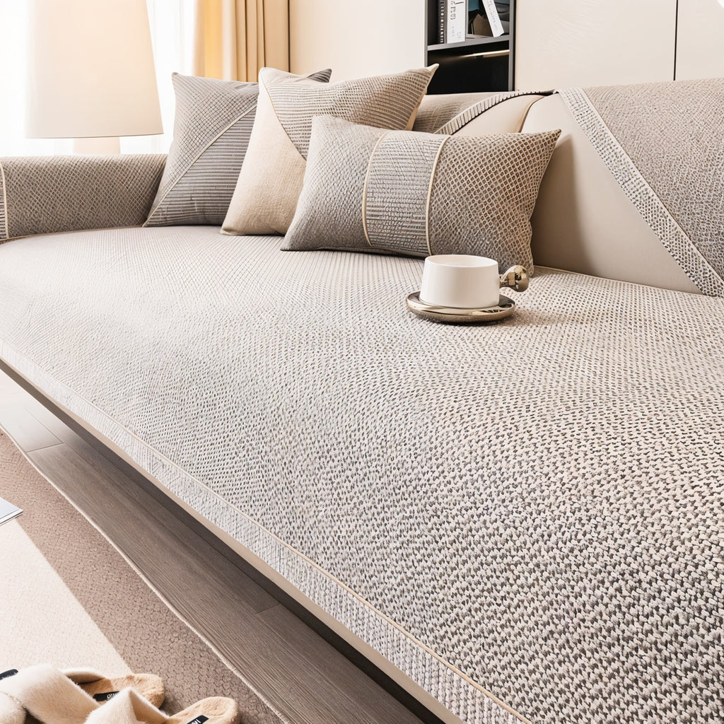 Non Slip Sofa Cover with Woven Linen Look Texture | Washable Couch Protector