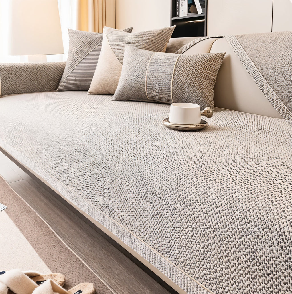 Non Slip Sofa Cover with Woven Linen Look Texture | Washable Couch Protector