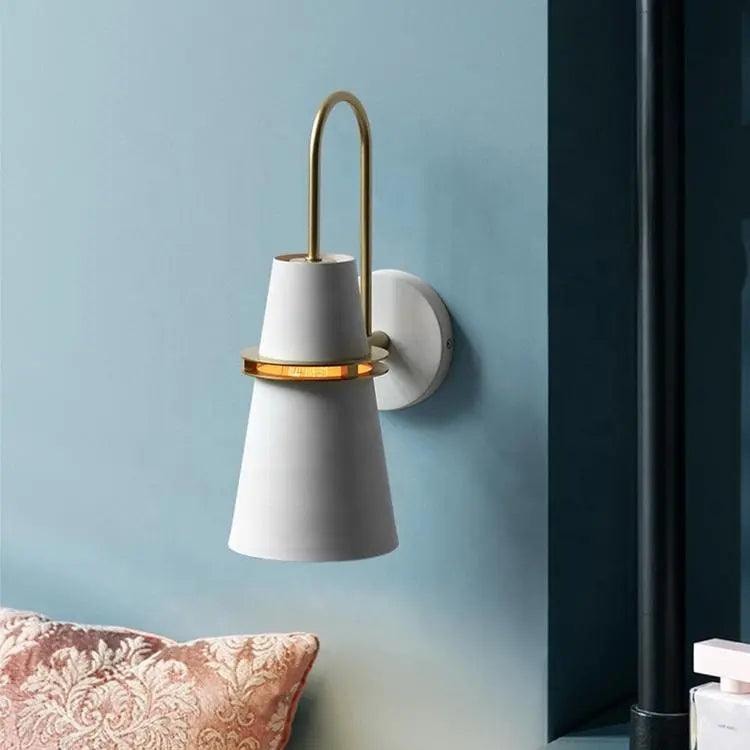 Nordic Cone Wall Light with Curved Brass Arm and Gold Ring Detail