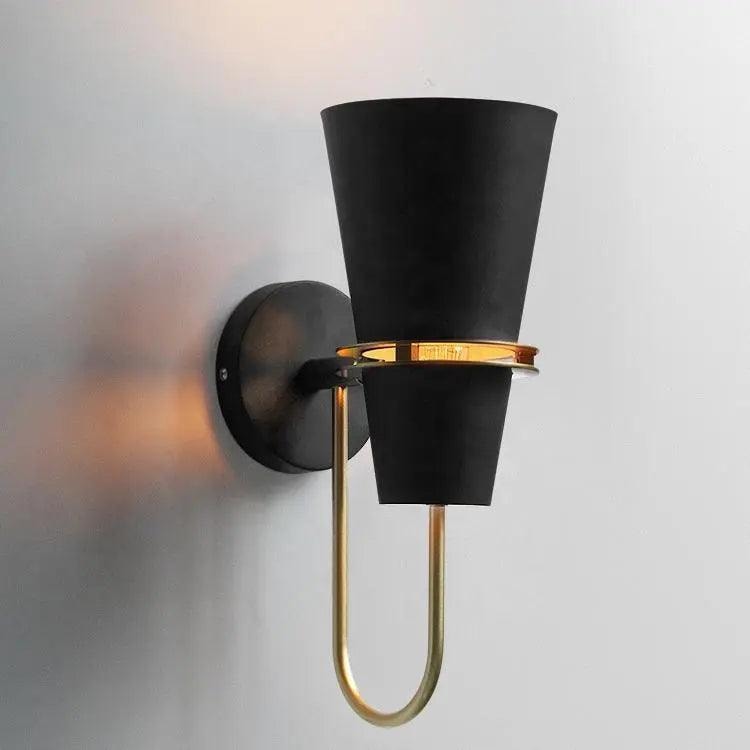 Nordic Cone Wall Light with Curved Brass Arm and Gold Ring Detail