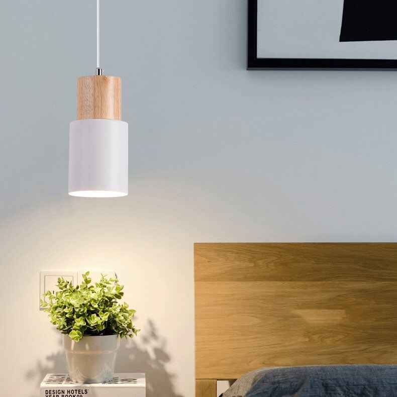 Nordic Macaron Cylinder Pendant Light with Wooden Top for Kitchen Island