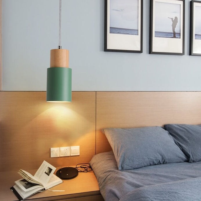 Nordic Macaron Cylinder Pendant Light with Wooden Top for Kitchen Island