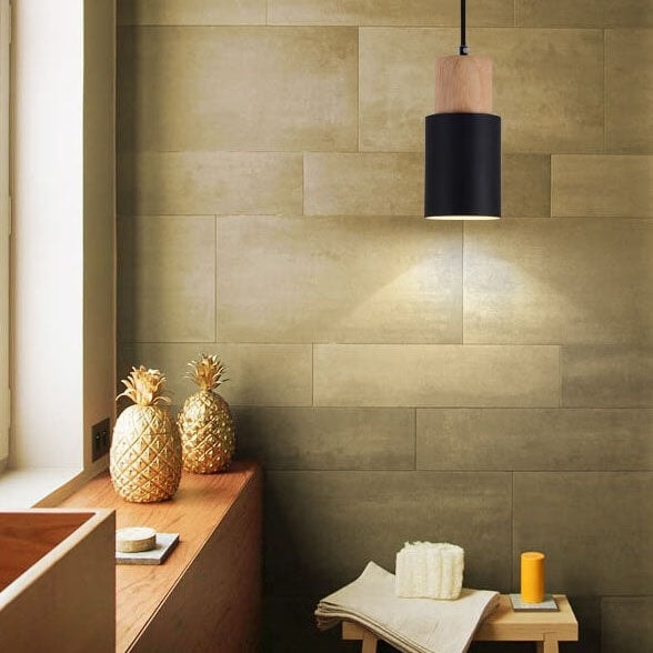 Nordic Macaron Cylinder Pendant Light with Wooden Top for Kitchen Island