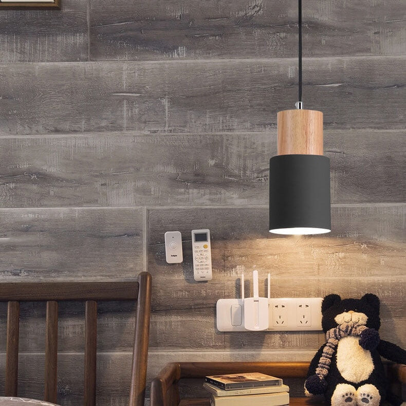 Nordic Macaron Cylinder Pendant Light with Wooden Top for Kitchen Island