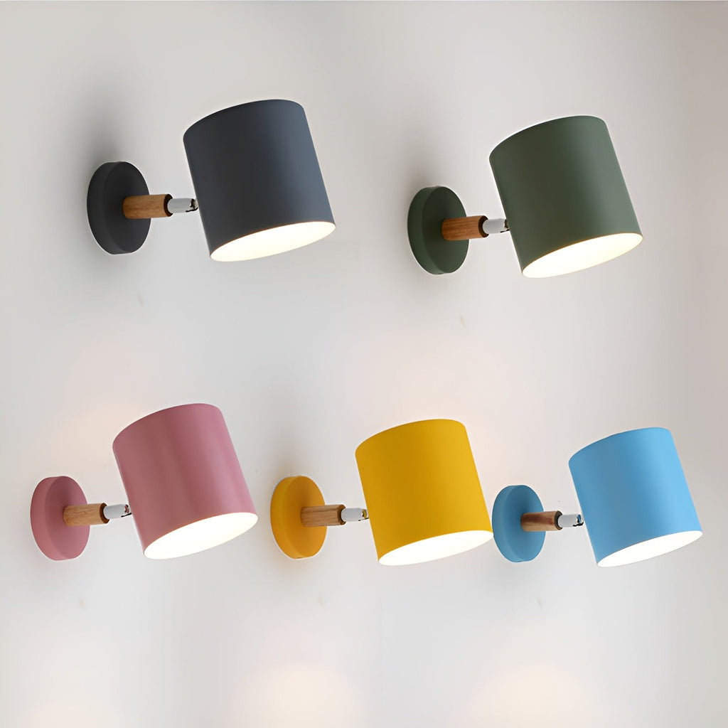 Nordic Macaron Wall Light with Rotating Metal Shade and Wooden Arm