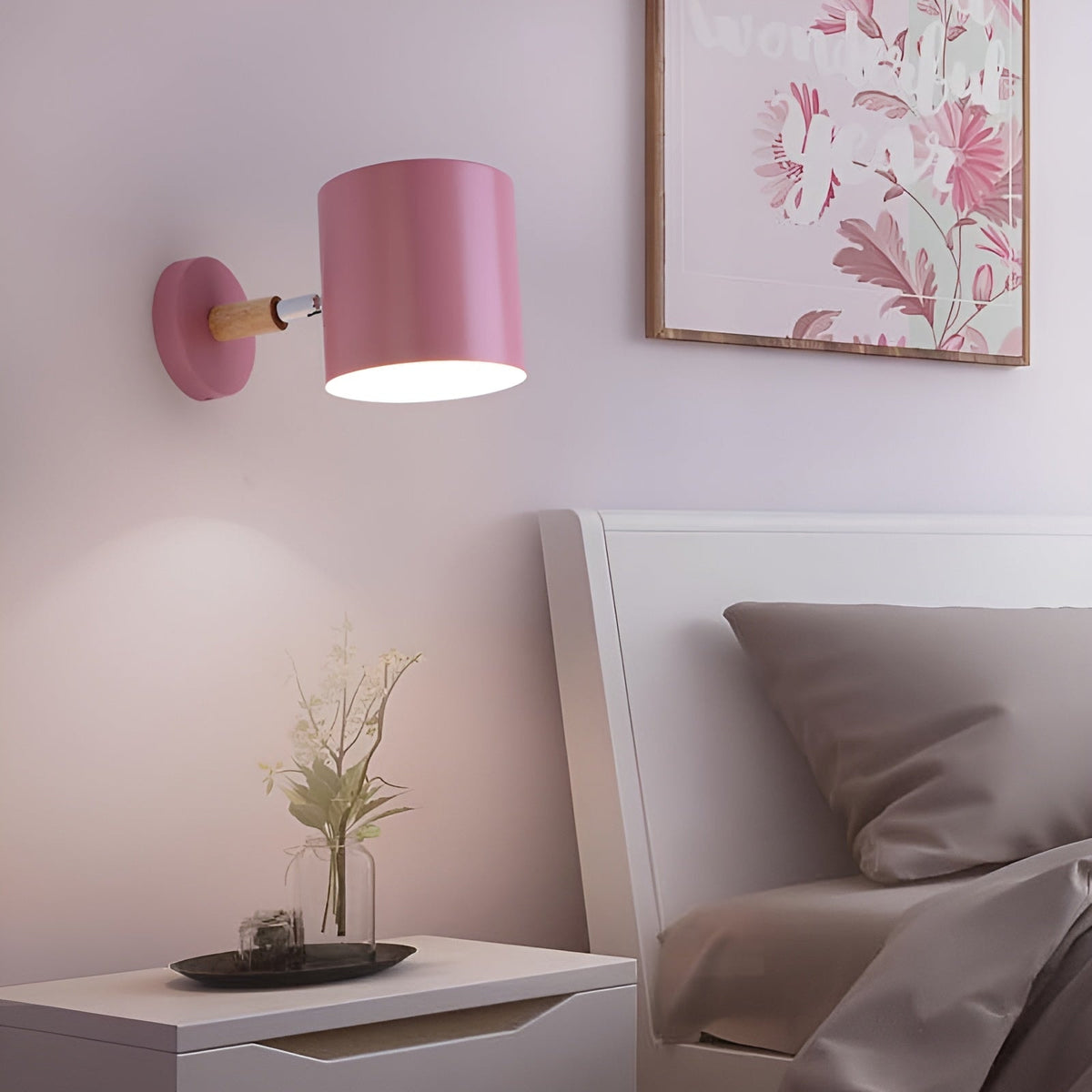 Nordic Macaron Wall Light with Rotating Metal Shade and Wooden Arm