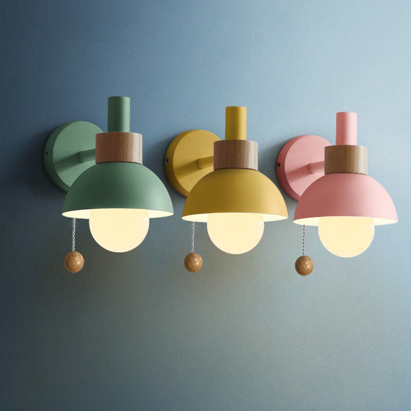 Nordic Macaron Wall Light with Wooden Accent and Pull Chain Switch for Bedroom