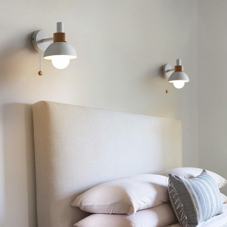 Nordic Macaron Wall Light with Wooden Accent and Pull Chain Switch for Bedroom