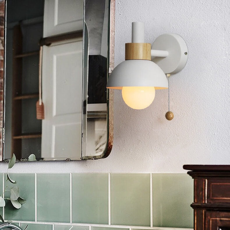 Nordic Macaron Wall Light with Wooden Accent and Pull Chain Switch for Bedroom