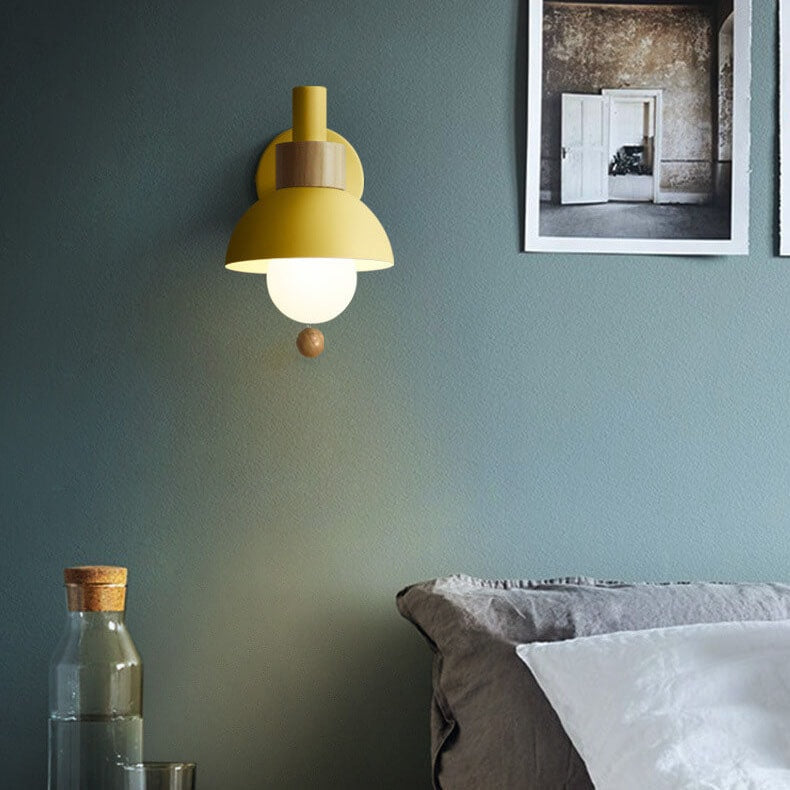 Nordic Macaron Wall Light with Wooden Accent and Pull Chain Switch for Bedroom