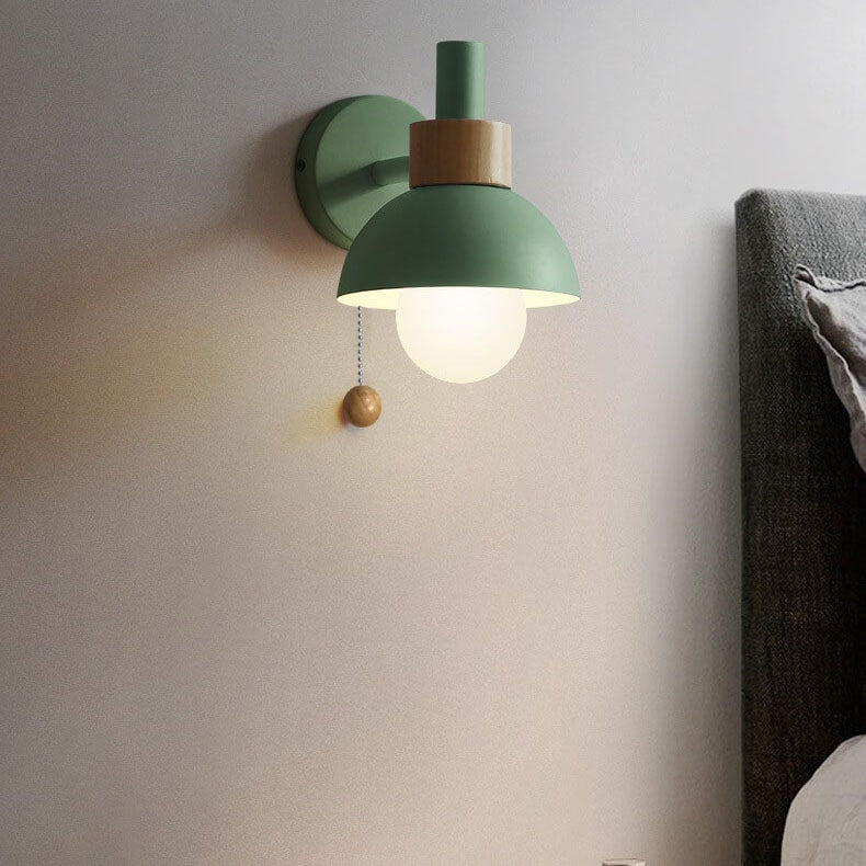 Nordic Macaron Wall Light with Wooden Accent and Pull Chain Switch for Bedroom