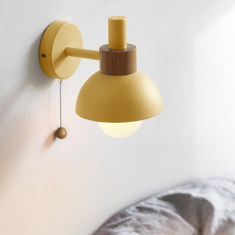 Nordic Macaron Wall Light with Wooden Accent and Pull Chain Switch for Bedroom