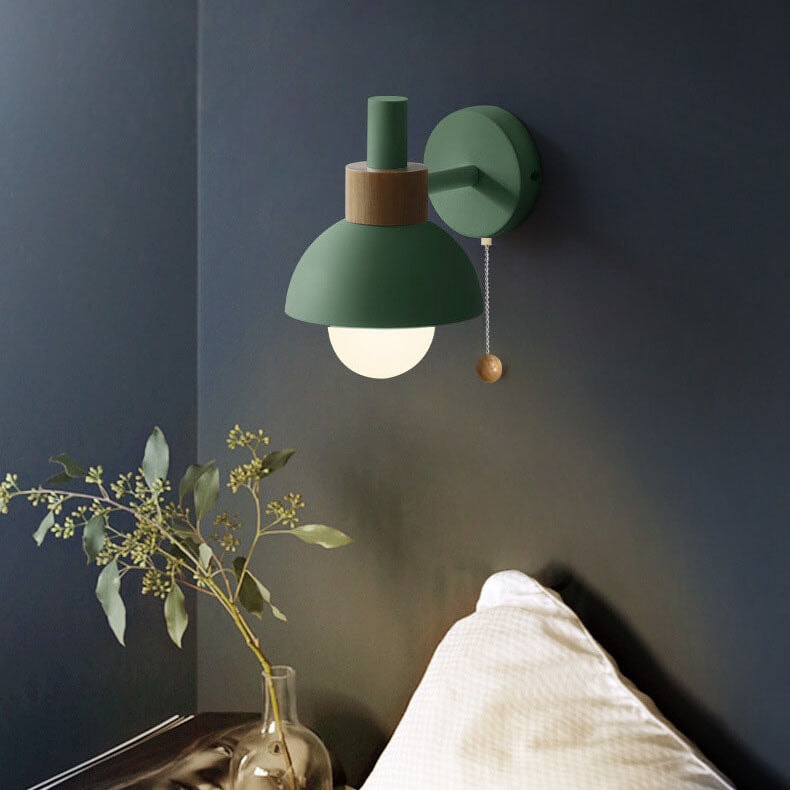 Nordic Macaron Wall Light with Wooden Accent and Pull Chain Switch for Bedroom