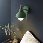 Nordic Macaron Wall Light with Wooden Accent and Pull Chain Switch for Bedroom
