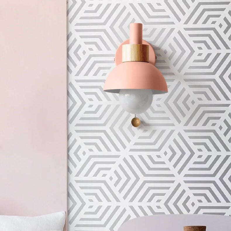 Nordic Macaron Wall Light with Wooden Accent and Pull Chain Switch for Bedroom