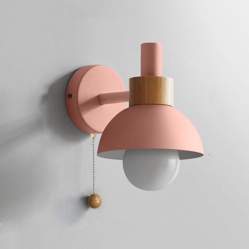 Nordic Macaron Wall Light with Wooden Accent and Pull Chain Switch for Bedroom