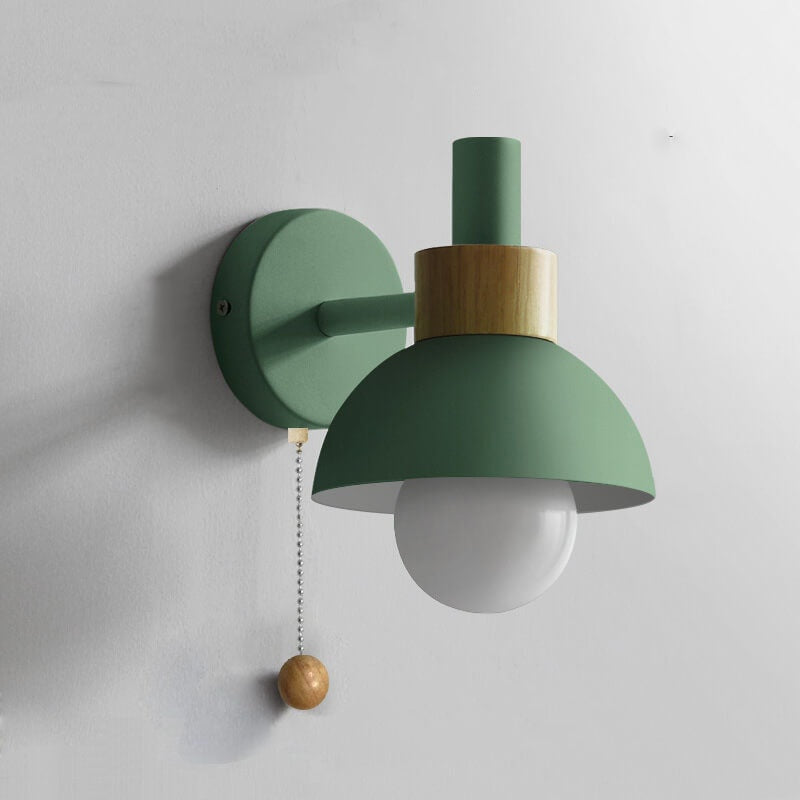 Nordic Macaron Wall Light with Wooden Accent and Pull Chain Switch for Bedroom