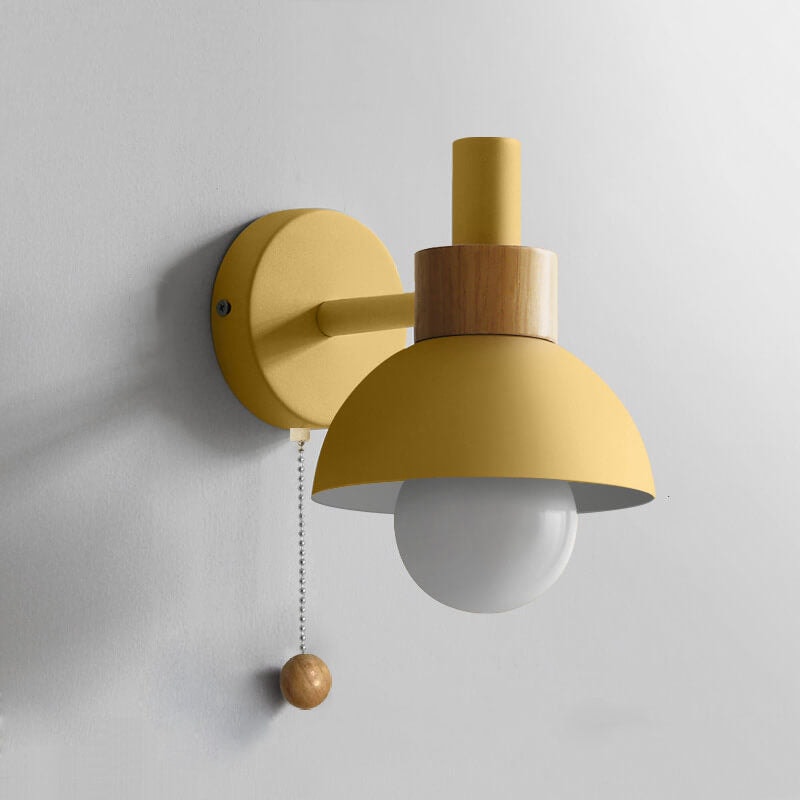 Nordic Macaron Wall Light with Wooden Accent and Pull Chain Switch for Bedroom