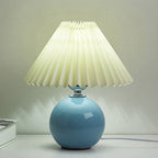 Nordic Pleated Shade Ceramic Table Lamp with Round Glazed Base for Bedside