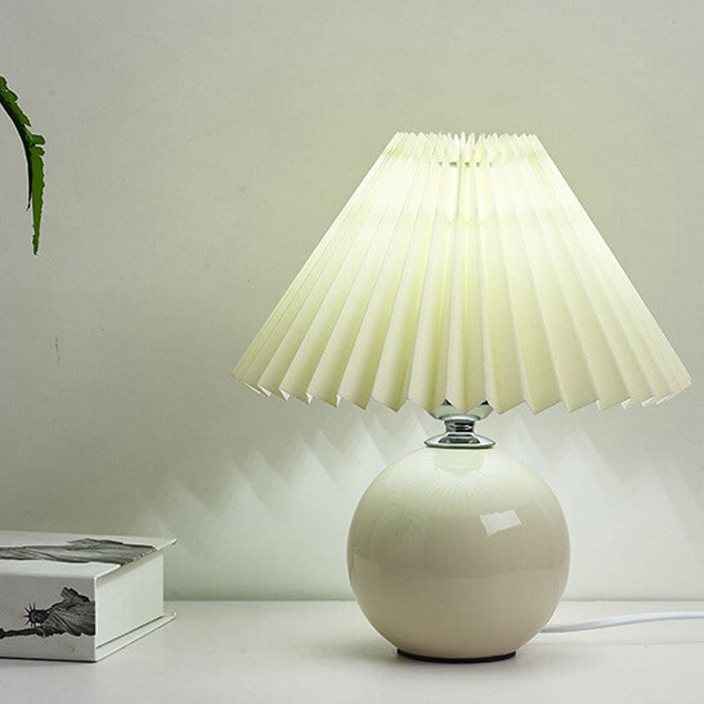 Nordic Pleated Shade Ceramic Table Lamp with Round Glazed Base for Bedside