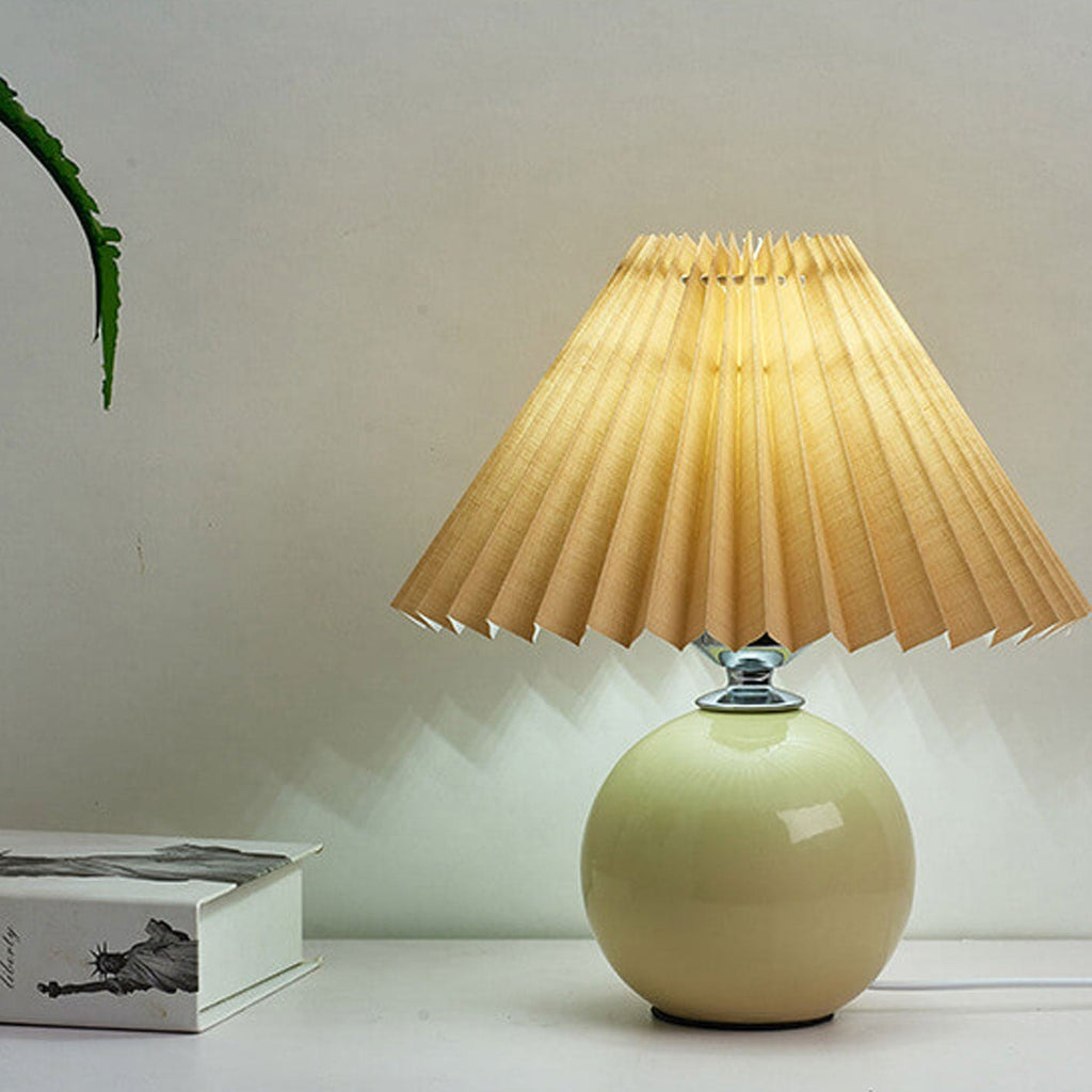Nordic Pleated Shade Ceramic Table Lamp with Round Glazed Base for Bedside