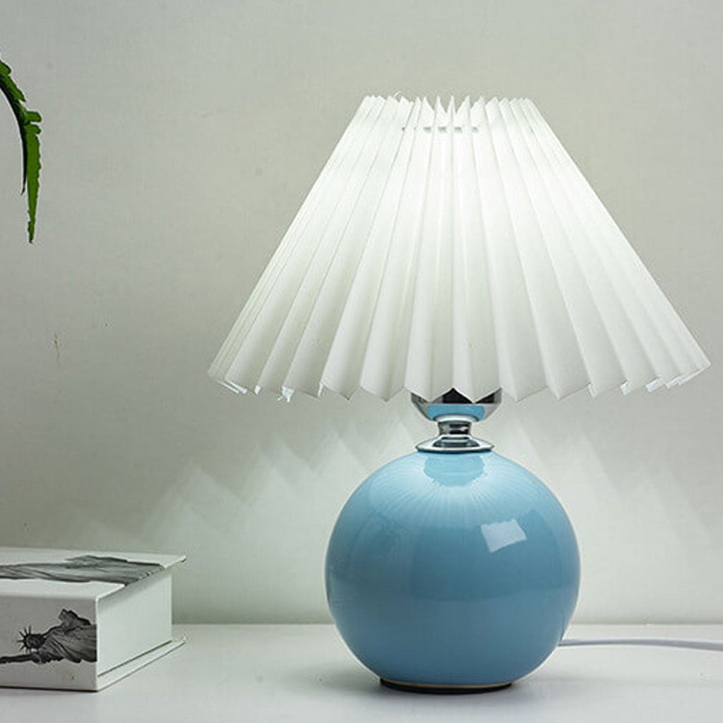 Nordic Pleated Shade Ceramic Table Lamp with Round Glazed Base for Bedside