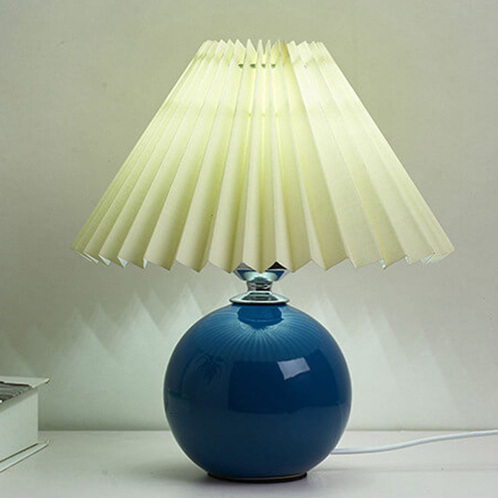 Nordic Pleated Shade Ceramic Table Lamp with Round Glazed Base for Bedside