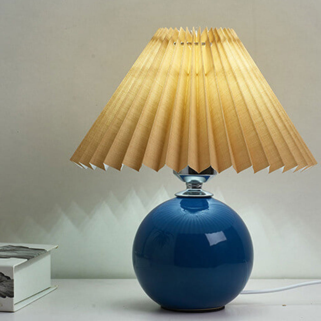 Nordic Pleated Shade Ceramic Table Lamp with Round Glazed Base for Bedside