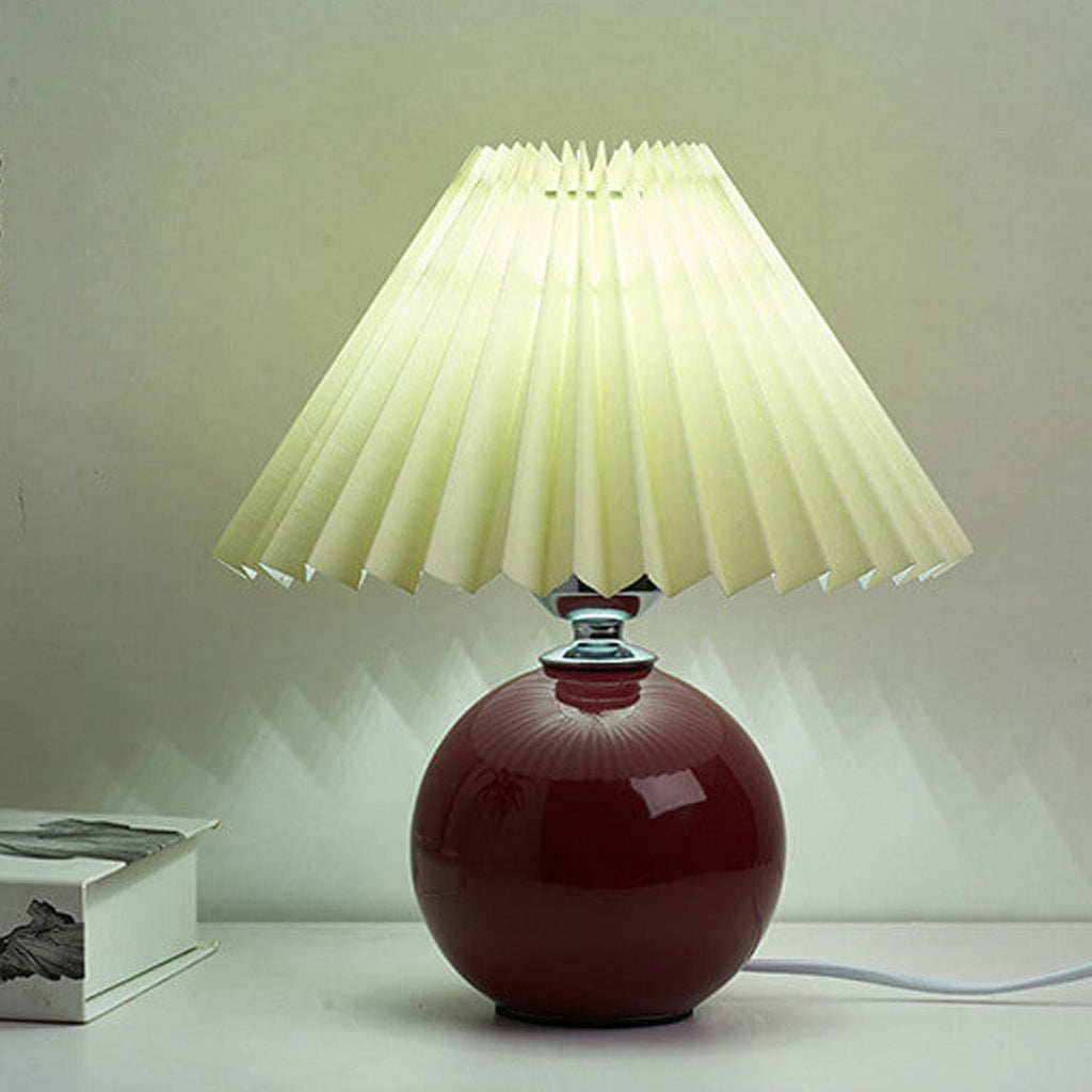 Nordic Pleated Shade Ceramic Table Lamp with Round Glazed Base for Bedside
