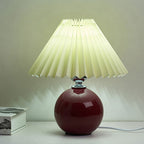 Nordic Pleated Shade Ceramic Table Lamp with Round Glazed Base for Bedside